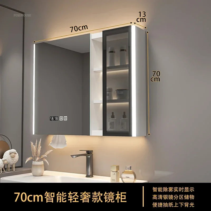 Modern Solid Wood Smart Bathroom Mirror Cabinet Light