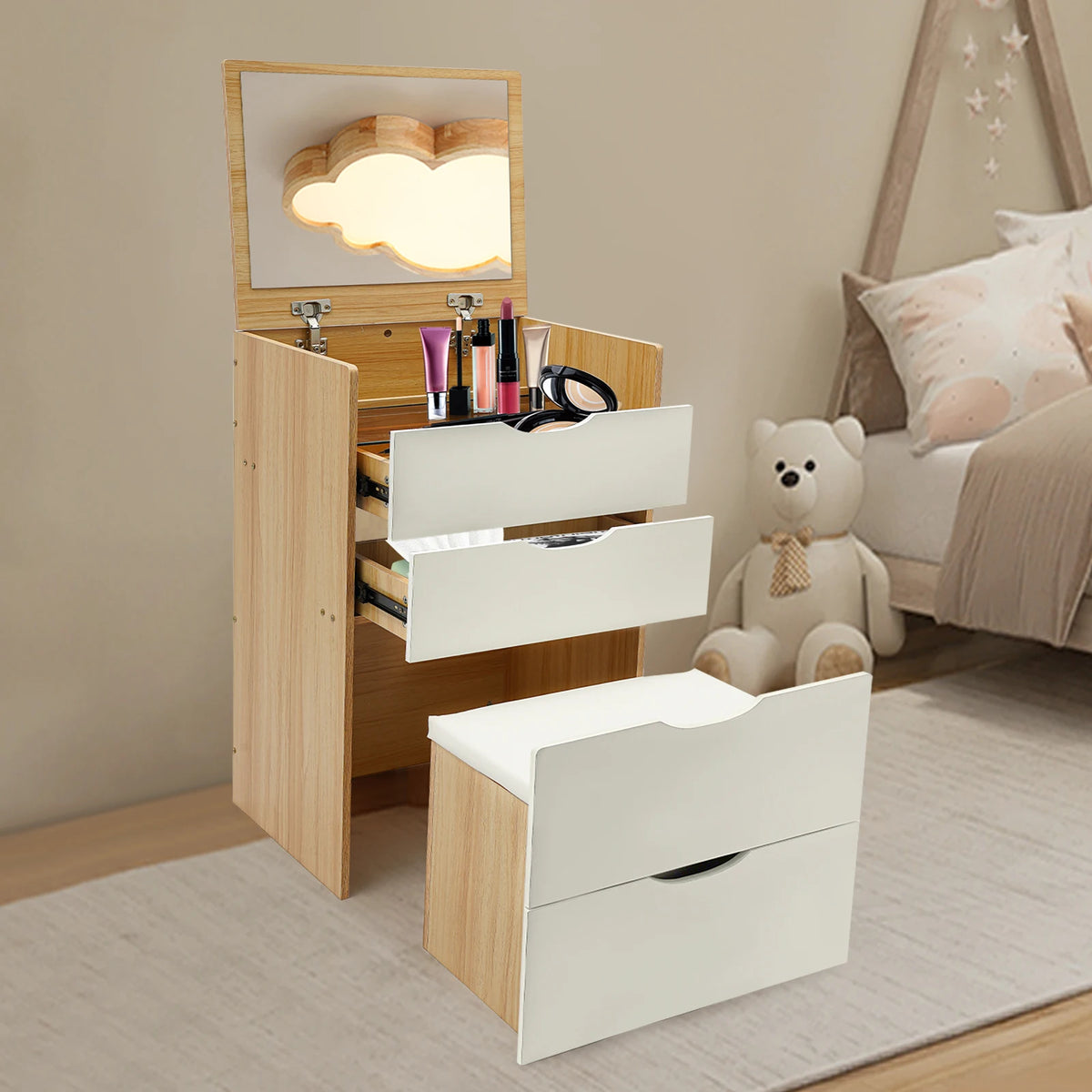 Makeup Vanity Table Drawers Dressing Table Foldable Mirror