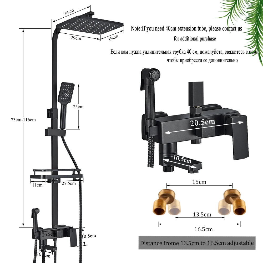 Black Brass Shower Faucet Rainfall Bathtub Tap Bathroom