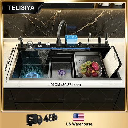 Stainless Steel Sink Digital Display Waterfall Large Slot