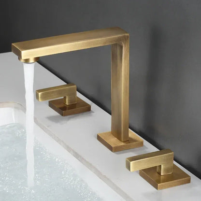 Brushed Gold Basin Faucet Solid Brass Three Hole