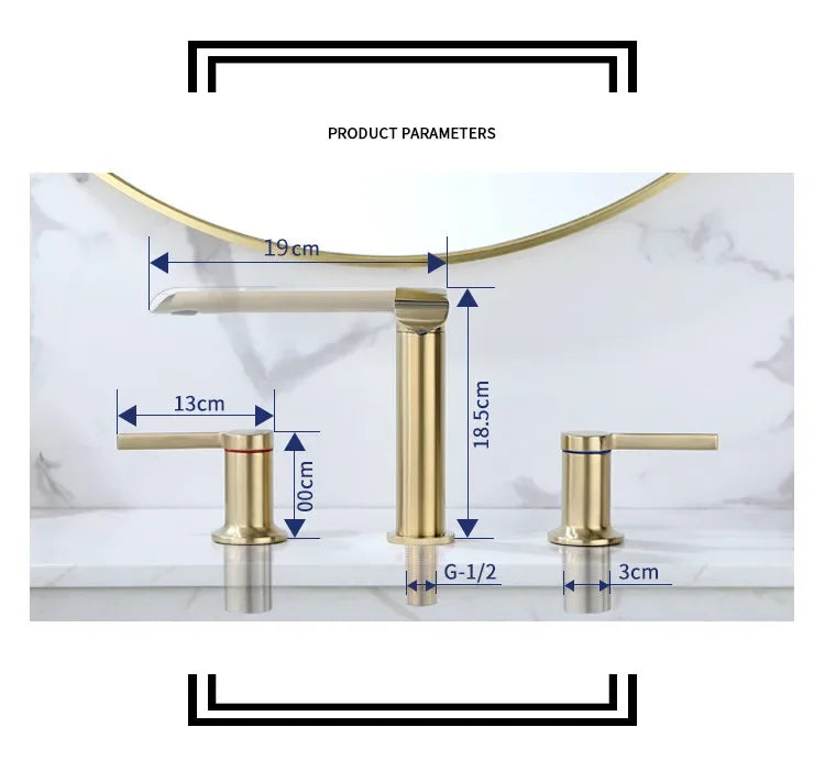 Brushed Gold Bathroom Widespread Basin Faucets Soild Brass
