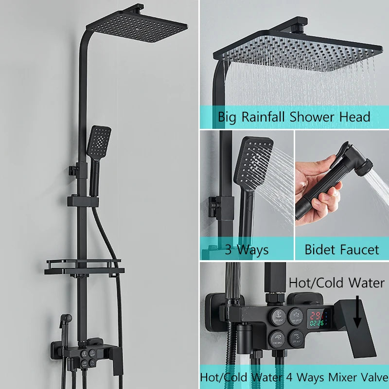 Matte Black Functions Display Screen Shower Faucet Bathroom