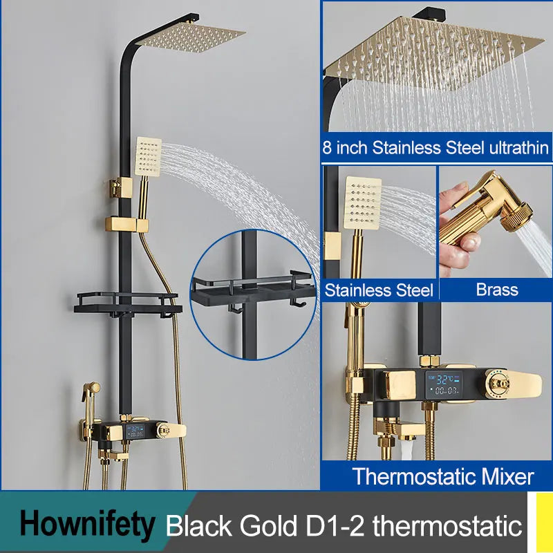Black Thermostatic Shower Faucets Digital Display Screen Cold