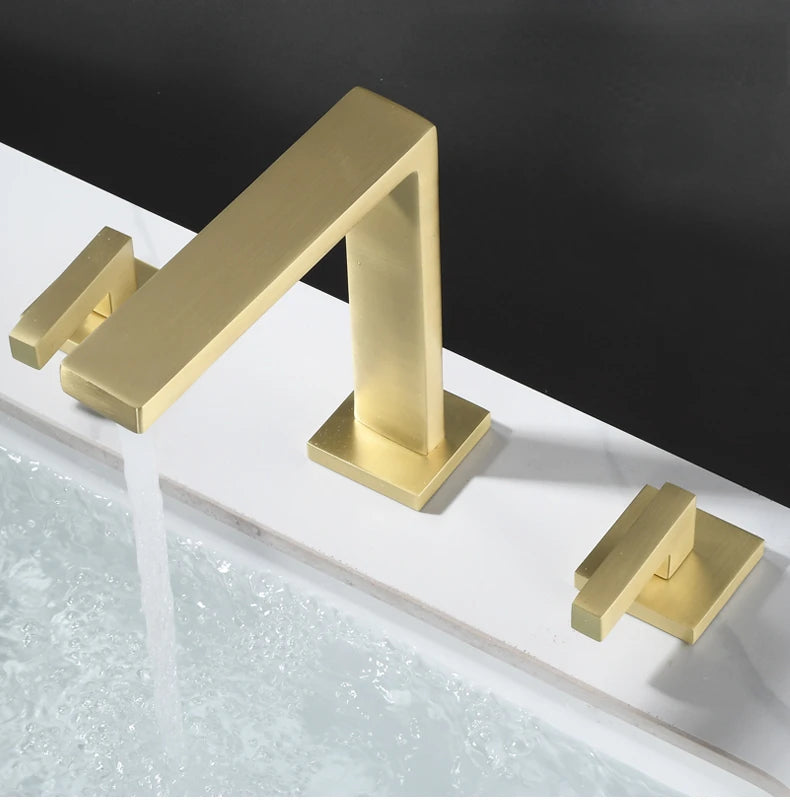 Brushed Gold Basin Faucet Solid Brass Three Hole