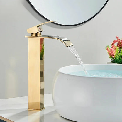 Brushed Golden Basin Faucets Elegant Waterfall Bathroom Sink