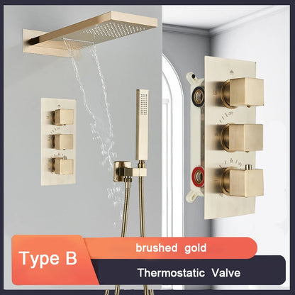 Black Bathroom Thermostatic Faucet Rainfall Waterfall Shower