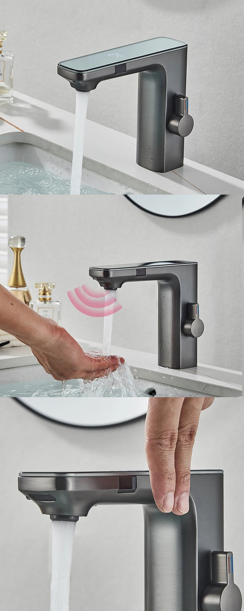 Gun Grey Smart Sensor Basin Faucet Digital Display