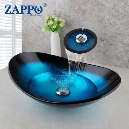 Zappo Tempered Glass Bathroom Vessel Sink Waterfall Black