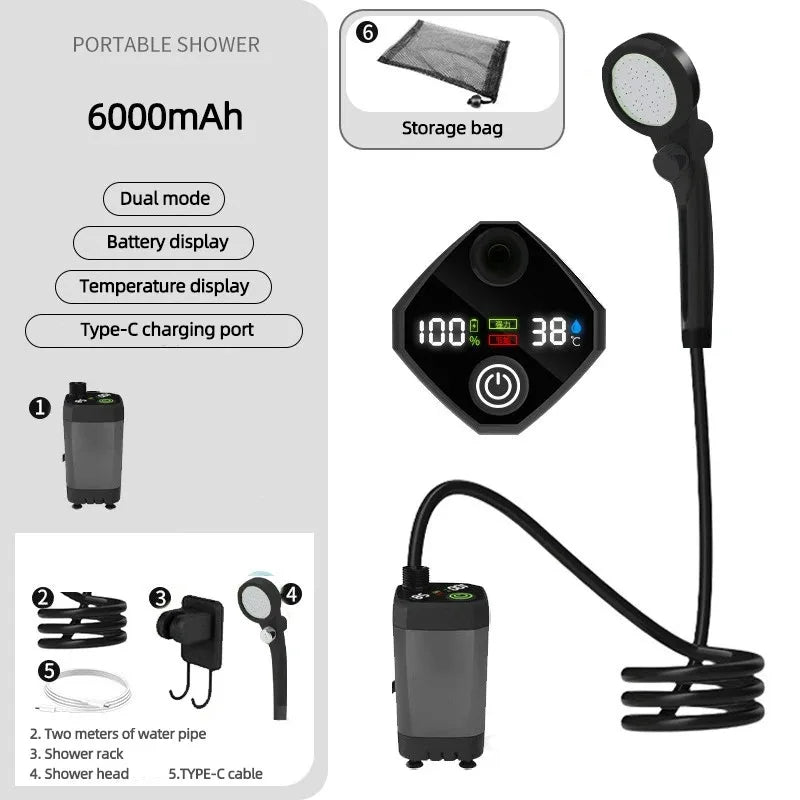 Camping Shower Equipment 6000mah Rechargeable Led Display Screen