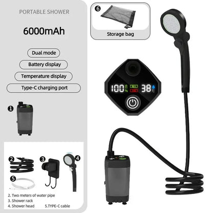 Camping Shower Equipment 6000mah Rechargeable Led Display Screen