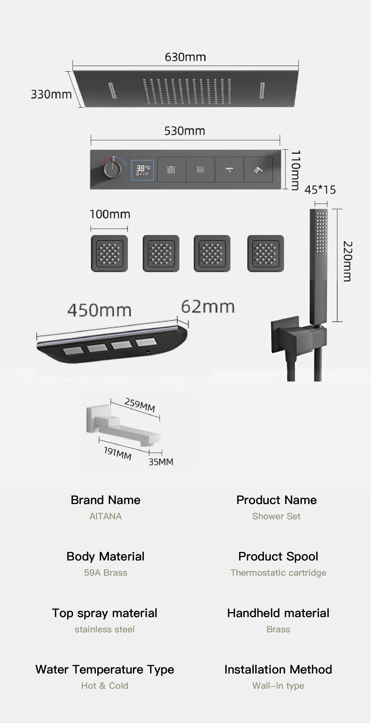 Gun Gray Brass Ceiling Constant Temperature Shower System