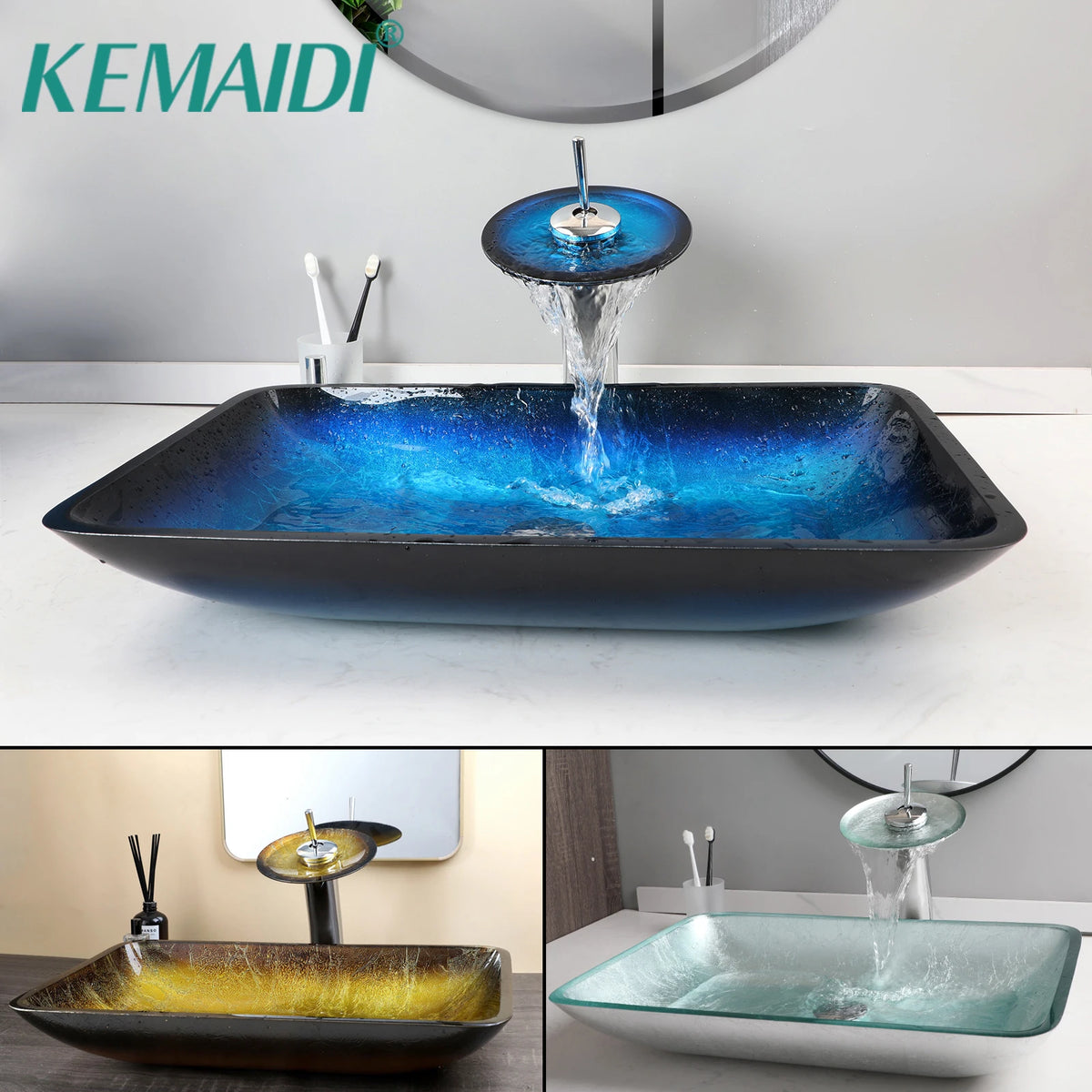 Kemaidi Big Tempered Glass Basin Sink Washbasin Bathroom