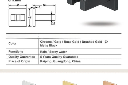 Wall-Mounted Shower Base Chrome Black Gold Square Hand-Held