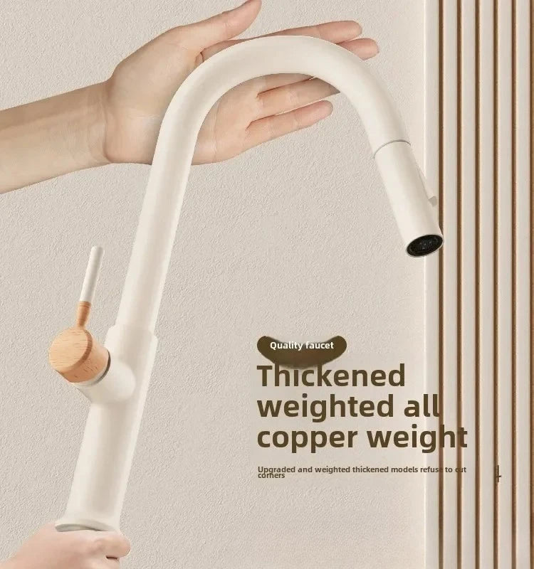 Cream Wooden Handle All Copper Faucet - Pull-Out