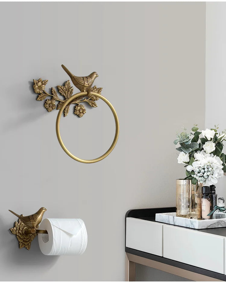 Retro Brass Bird Towel Ring Storage Rack Perforation-Free