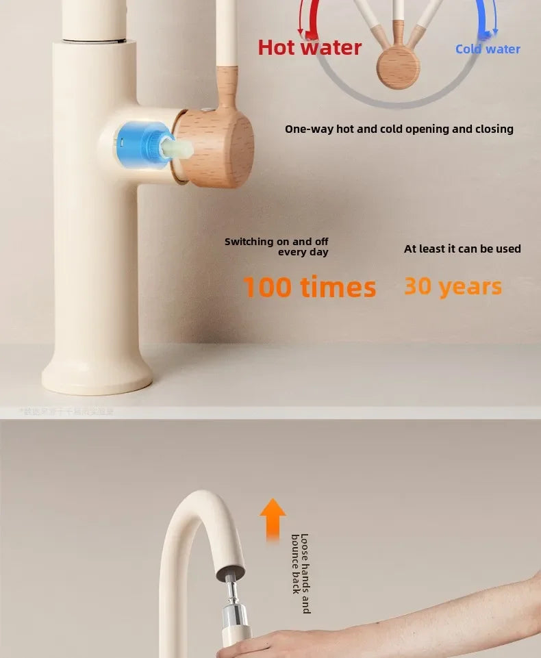 Cream Wooden Handle All Copper Faucet - Pull-Out
