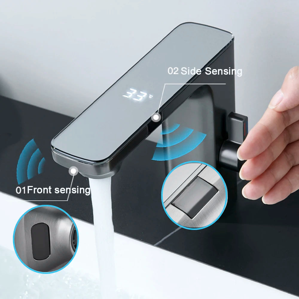 Gray Smart Daul Sensor Bathroom Basin Faucet Cold