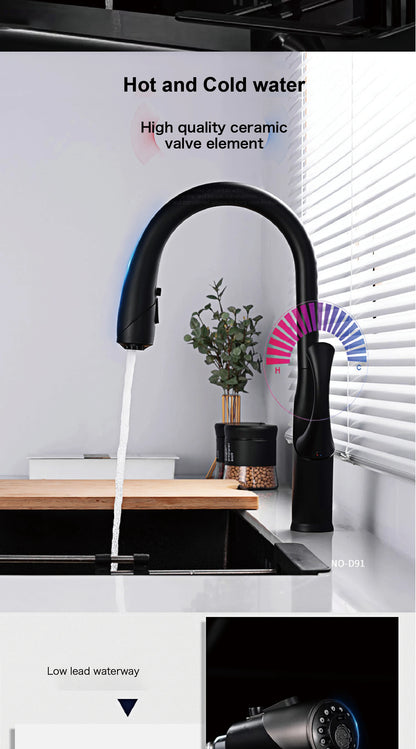 High-End Touch Black Faucet Brass Pull-Out Design Three-Function