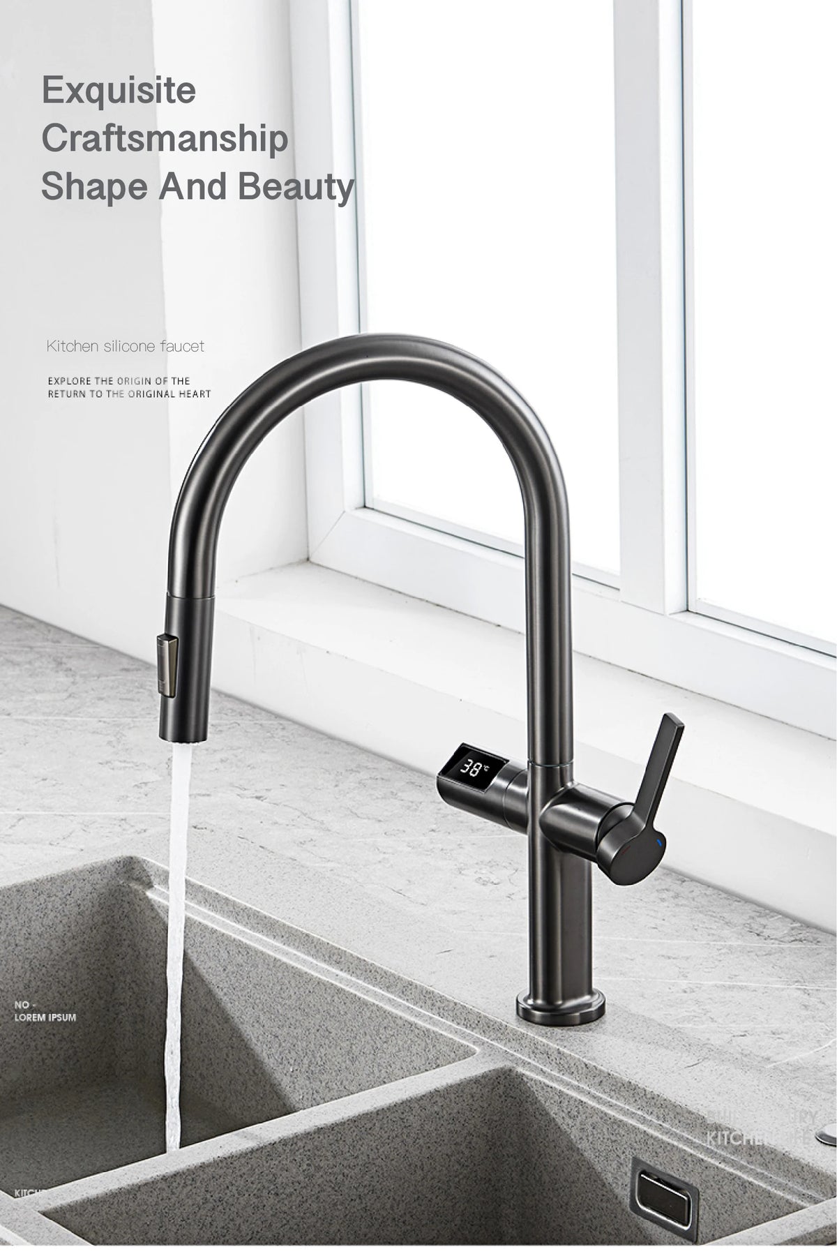 Light Luxury Gun Gray Brass Faucet Digital Display