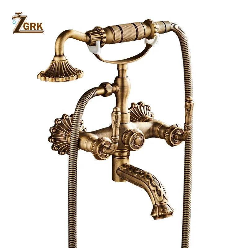 Antique Brass Bathtub Shower Faucets Wall Mounted Bath