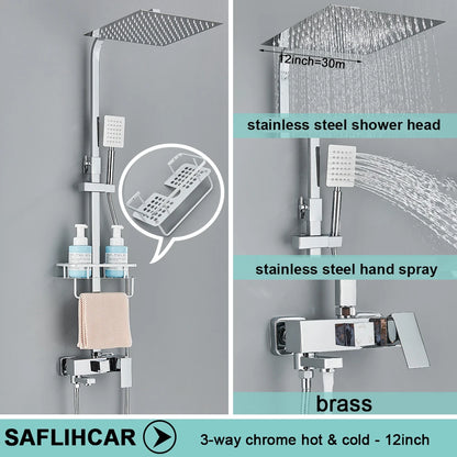 Black/Chrome Brass Shower Faucets Rainfall Shower Shelf Cold