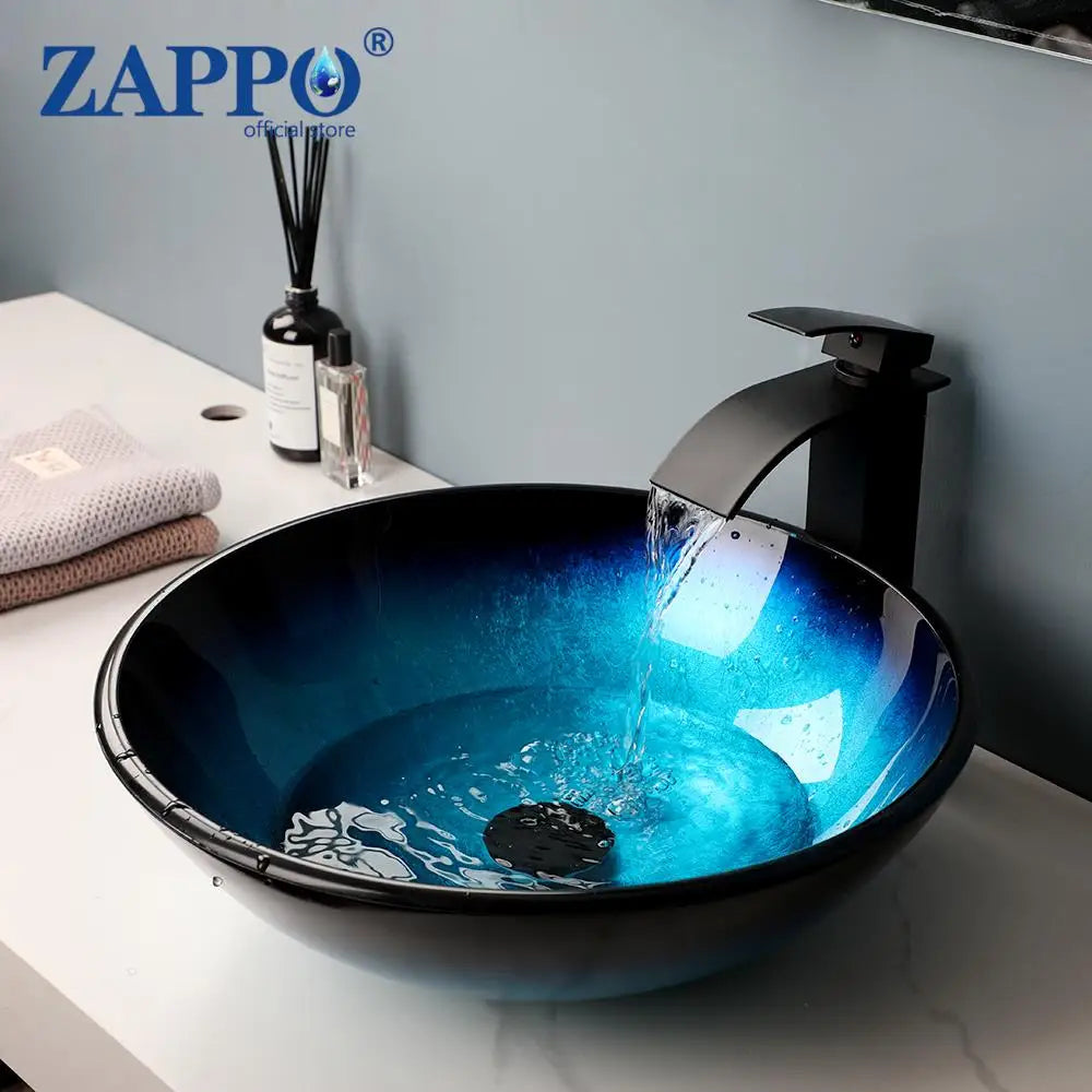 Zappo Tempered Glass Bathroom Vessel Sink Waterfall Black