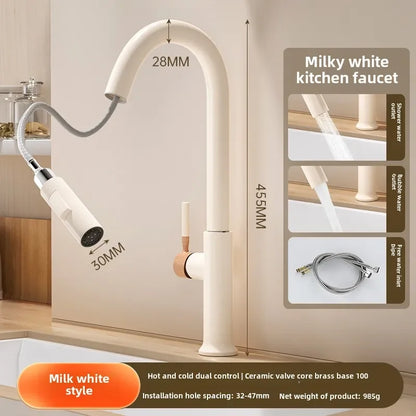 Cream Wooden Handle All Copper Faucet - Pull-Out