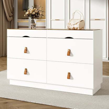 6-Drawer White Sliding Glass Sideboard Makeup Vanity Cabinet