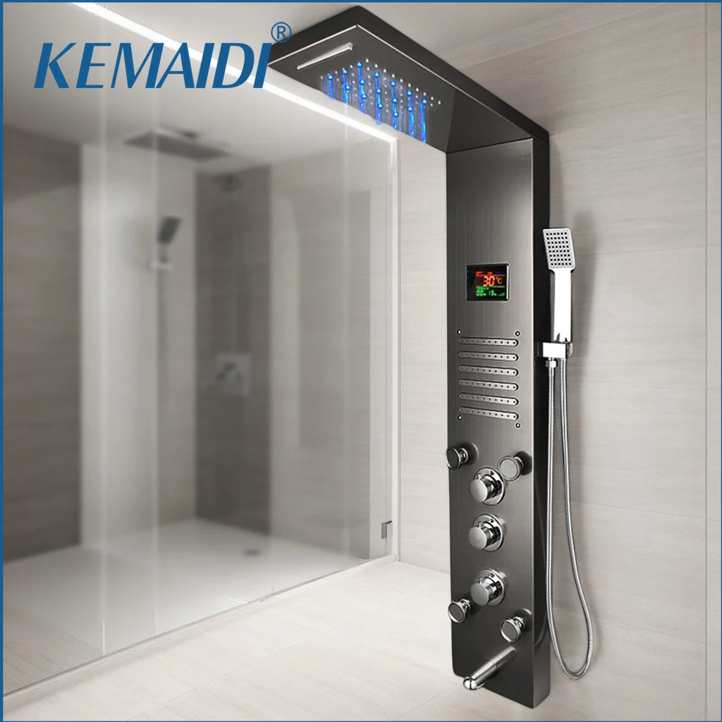 Kemaidi Black Led Shower Panel Bathroom Rainfall Shower