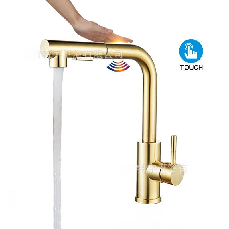 Brushed Gold Touch Sink Faucets Cold Pull Out