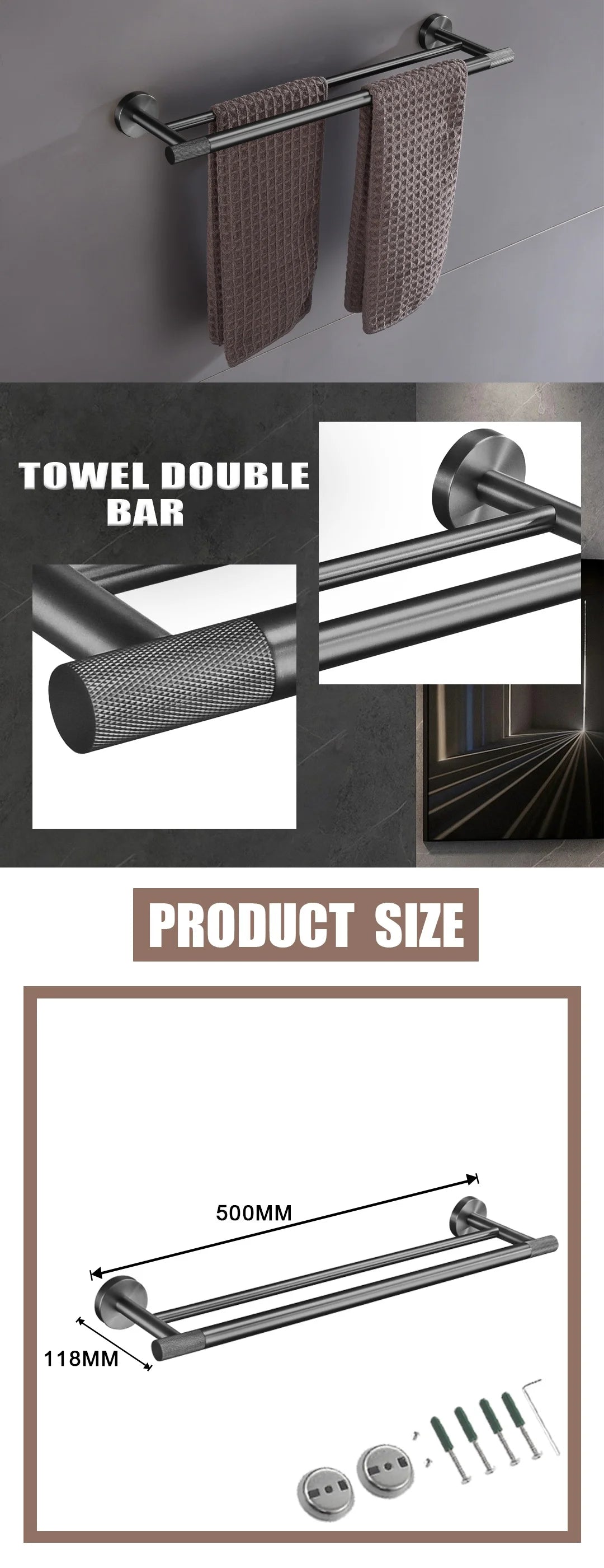 Grey Bathroom Hardware Kit Stainless Steel Round Wall
