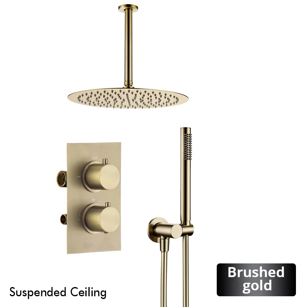 Bathroom Faucet Dial Way Brushed Gold Thermostat Shower