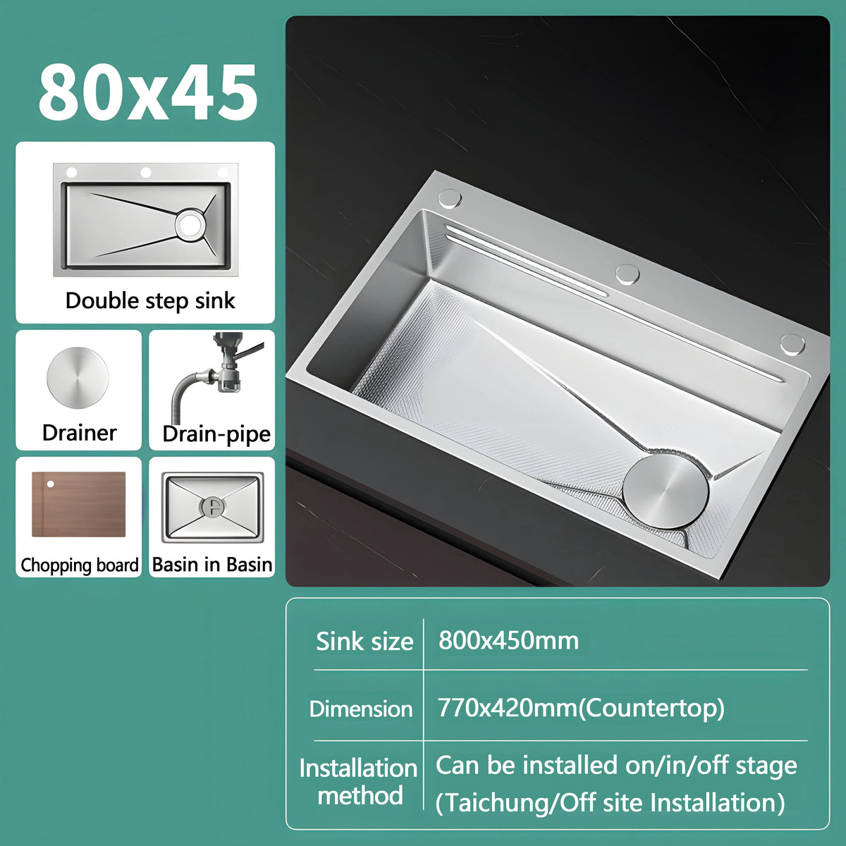 Silver Nano Embossed 304 Stainless Steel Sink Large