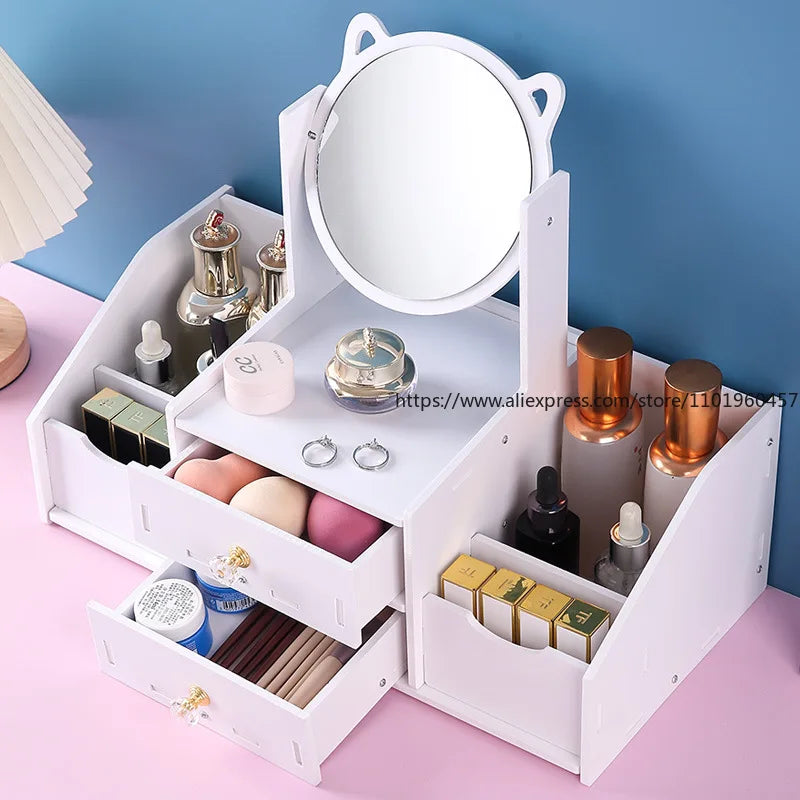 Desktop Drawer-Type Vanity Mirror Storage Box Round Makeup
