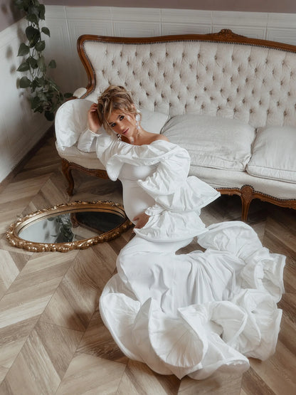 White Off Shoulder Big Ruffle Mermaid Maternity Dress