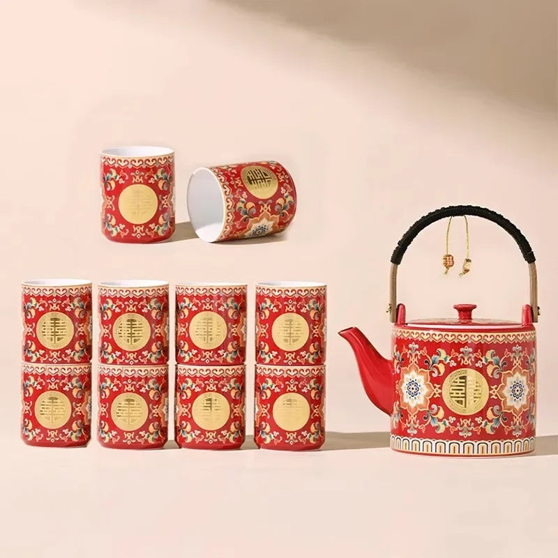 Double Happiness Enamel Wedding Tea Teacup Teapot Bridal