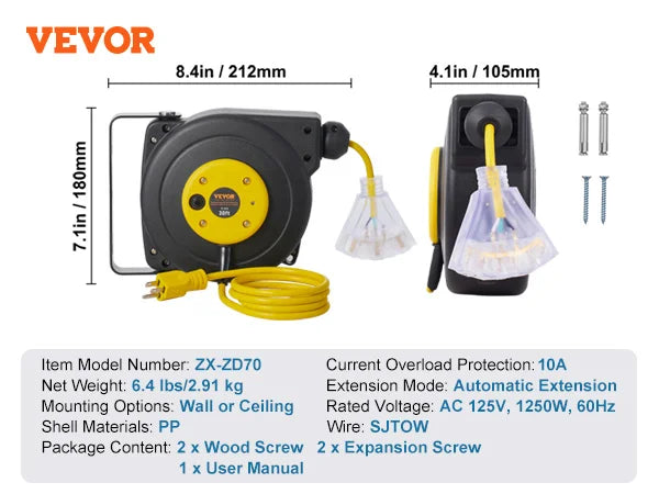 Succebuy Retractable Extension Cord Reel 30ft Lighted Triple