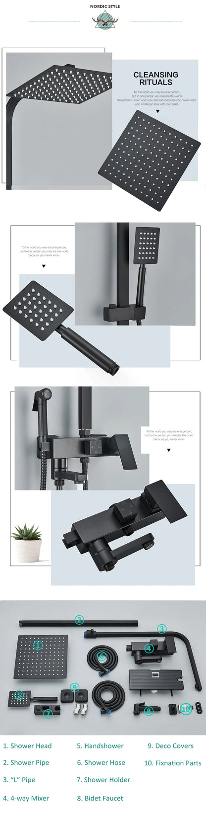 Black Chrome 3/4-Way Shower Faucet Rainfall Shower Cold