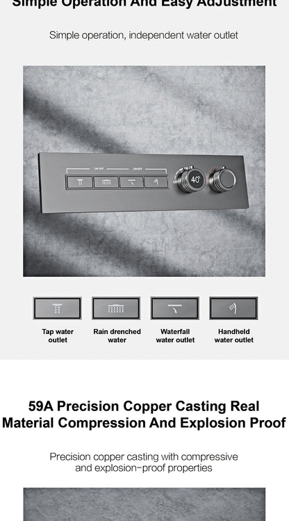 Luxury Gun Grey Brass Thermostatic Shower System Ceiling-Embedded