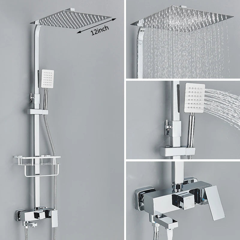 Black Chrome 3/4-Way Shower Faucet Rainfall Shower Cold