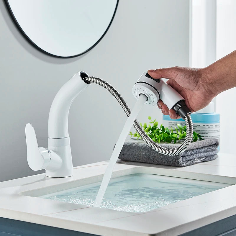 Bathroom Sink Faucet Pull Out Sprayer Deck Mounted