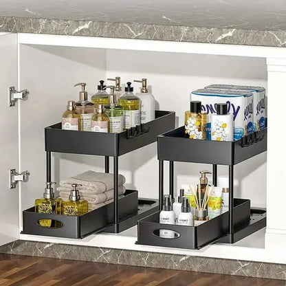 Tier Under Sink Organizer Sliding Storage Rack Hooks