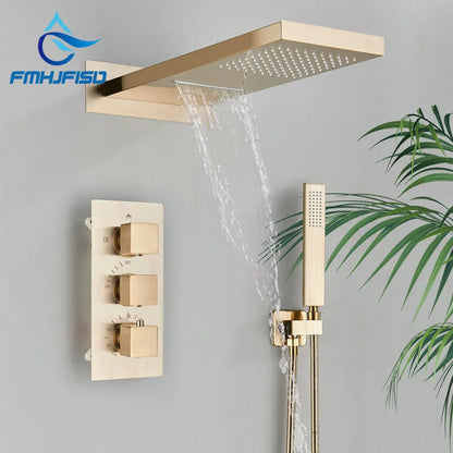 Thermostatic Shower Brushed Gold Bathroom Faucet Cold Mixer