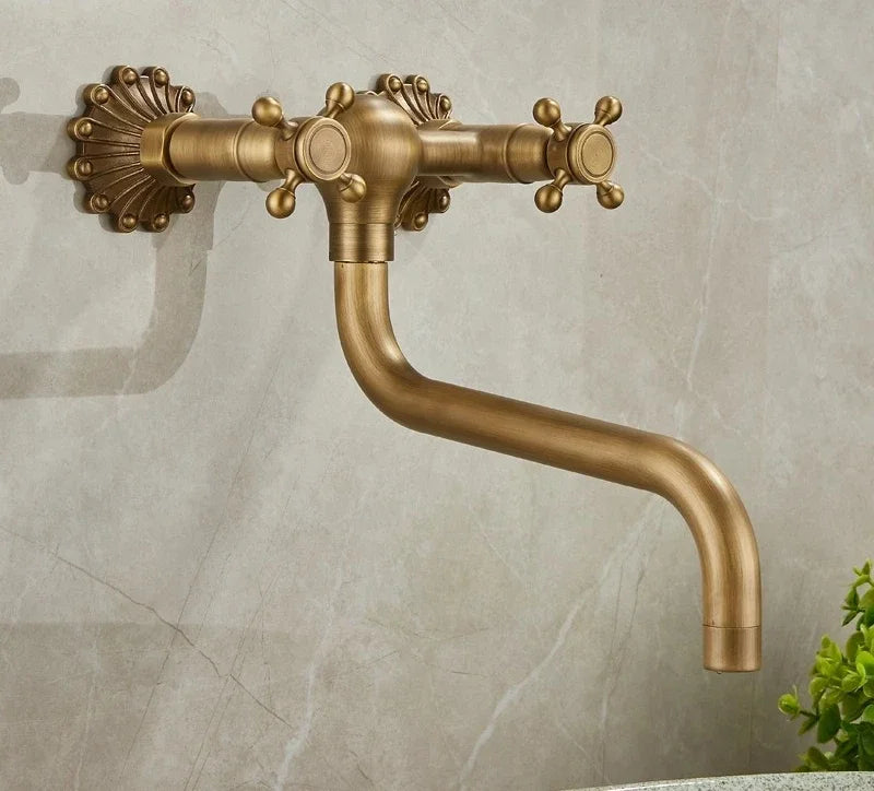 Brass Antique Wall Mounted Washbasin Faucets Double Handle