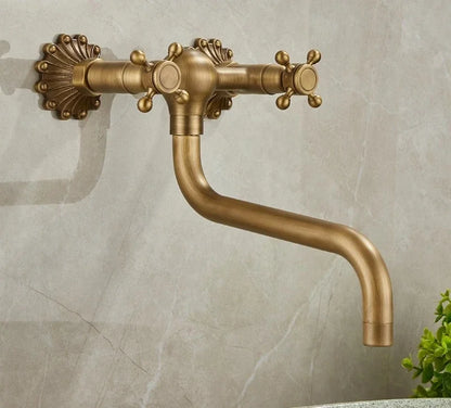 Brass Antique Wall Mounted Washbasin Faucets Double Handle