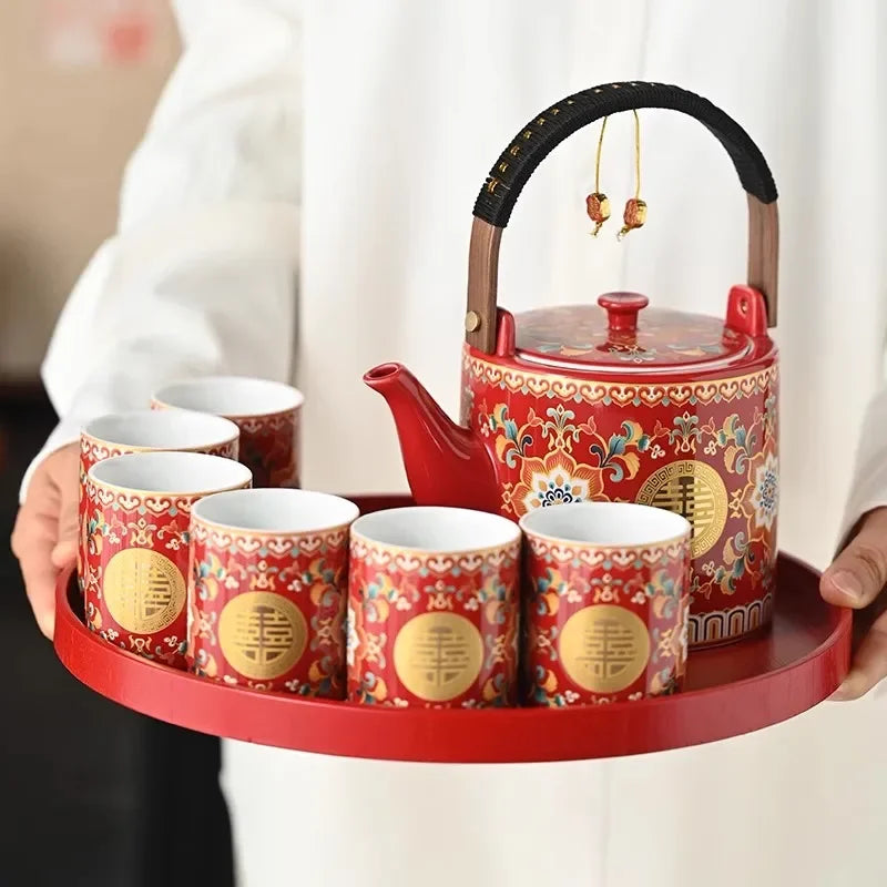 Double Happiness Enamel Wedding Tea Teacup Teapot Bridal