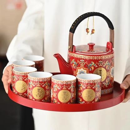 Double Happiness Enamel Wedding Tea Teacup Teapot Bridal