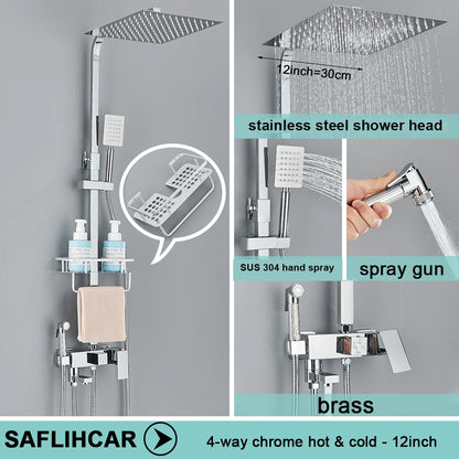 Black/Chrome Brass Shower Faucets Rainfall Shower Shelf Cold
