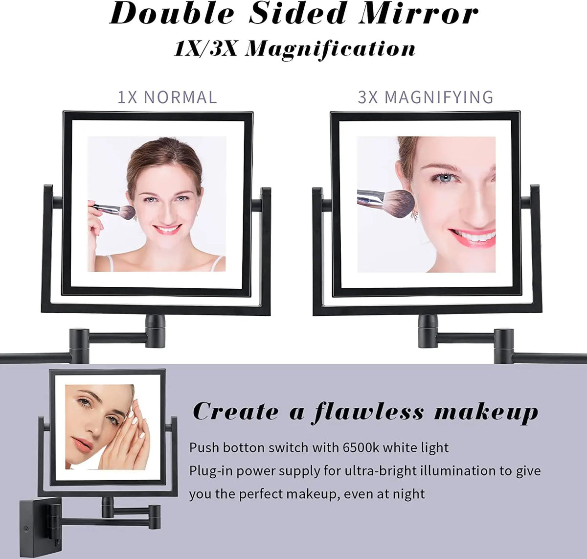 Led Bathroom Mirror 3x Magnifying Dual Arm Extendable